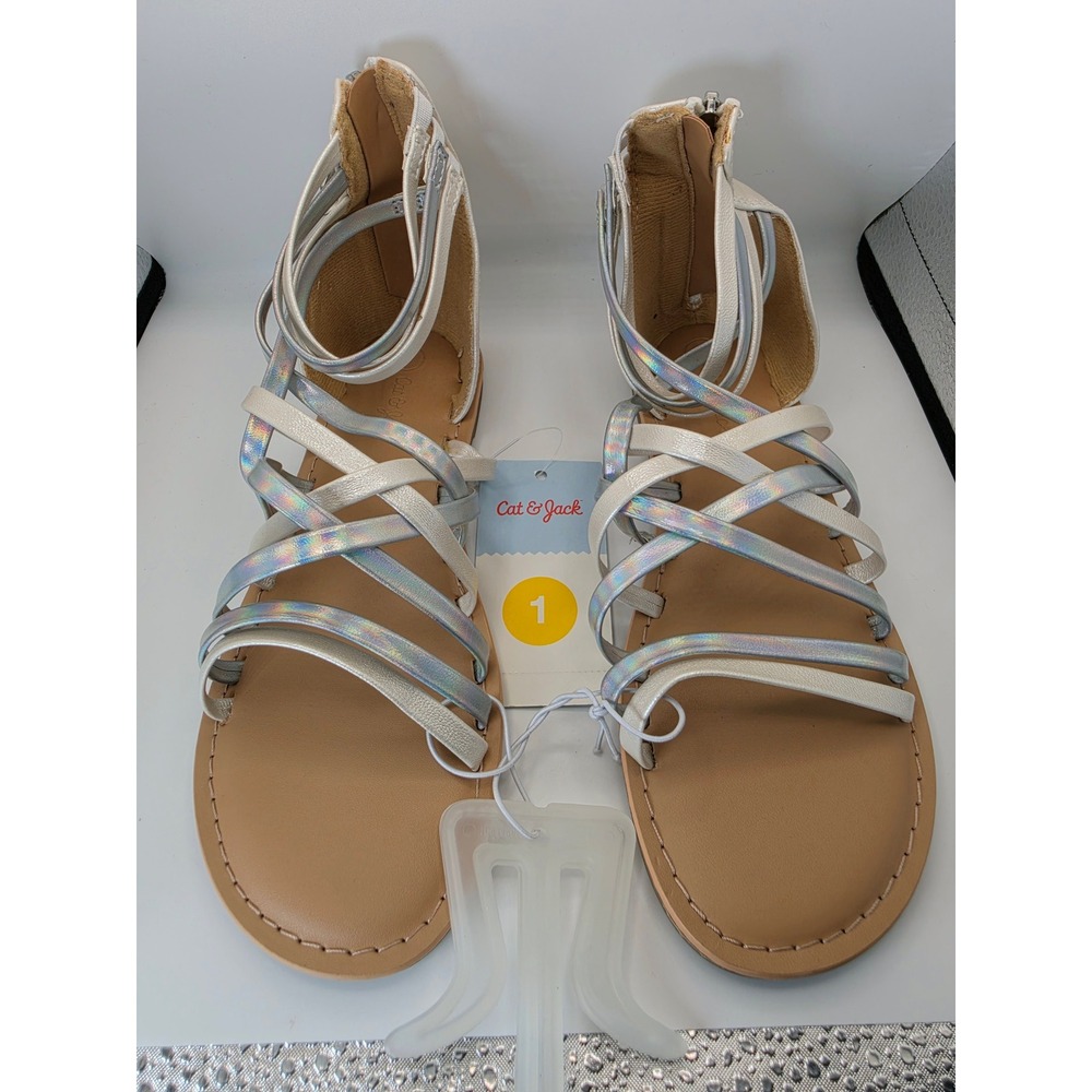 Cat & Jack Kids Silver Iridescent / White Strappy Gladiator Sandals Size 1 NWT